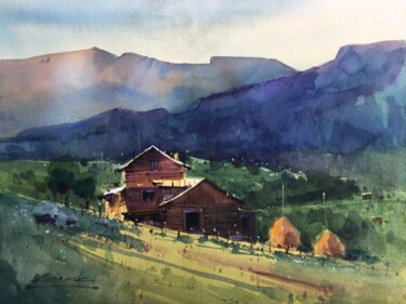 Painting titled "Blue Carpathian Mou…" by Andrii Kovalyk, Original Artwork, Watercolor