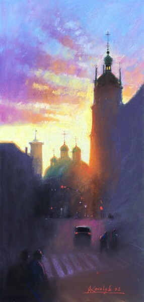 Drawing titled "City scene Sunset L…" by Andrii Kovalyk, Original Artwork, Pastel