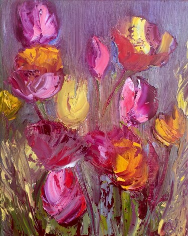 Painting titled "Tulips I" by Anet Verdonk, Original Artwork, Oil