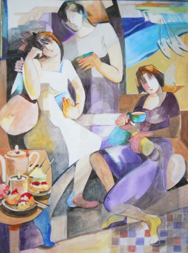 Schilderij getiteld "Time for tea" door Angela Brittain, Origineel Kunstwerk, Aquarel Gemonteerd op Karton