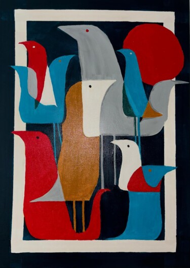 Painting titled "Vogelparade" by Angelika Hofbeck, Original Artwork, Acrylic