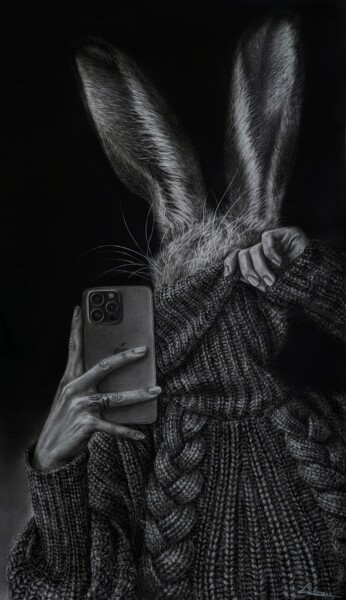 Pittura intitolato ""Bunny in focus"" da Angelika Lomako, Opera d'arte originale, Carbone