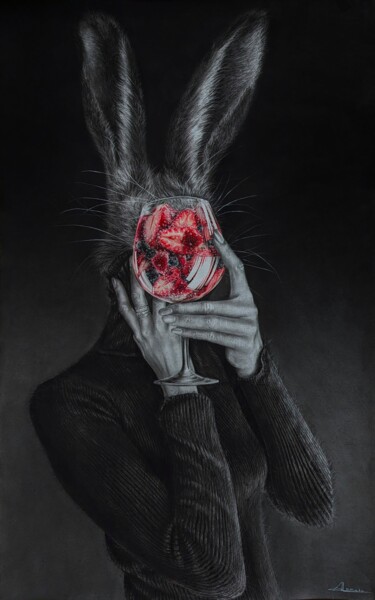 Drawing titled "Bunny with Prosecco" by Angelika Lomako, Original Artwork, Charcoal