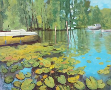 Painting titled "The Yellow Boat" by Angelika Scheibler, Original Artwork, Tempera