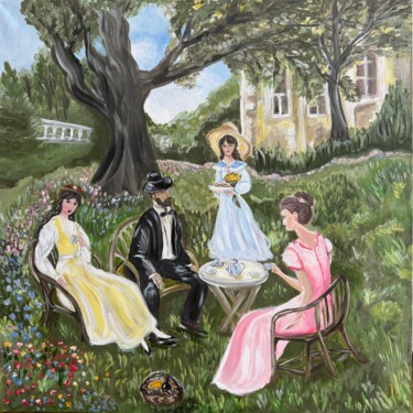 Painting titled "Завтрак в саду" by Angelina Masson, Original Artwork, Acrylic Mounted on Wood Panel