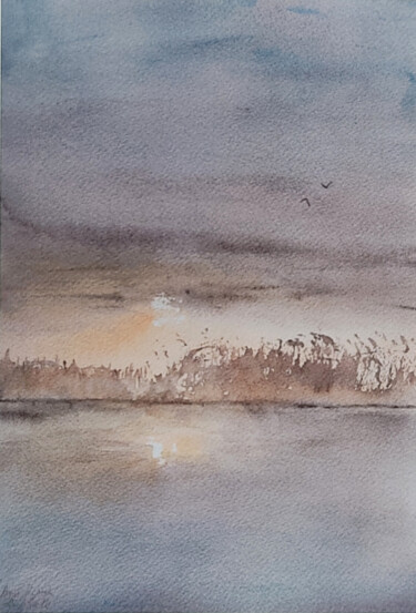 Pintura intitulada "Coucher de soleil" por Angelique Ksiazek, Obras de arte originais, Aquarela