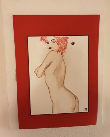 Painting titled "Die rote lola" by Angelo Marzullo, Original Artwork, Watercolor
