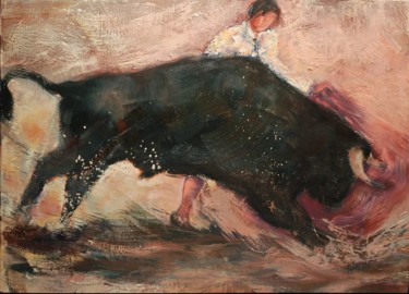 Pintura intitulada "Le taureau en colère" por Philippe Jamin, Obras de arte originais, Óleo