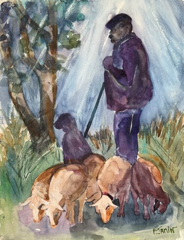 Pintura intitulada "Le repos du berger" por Philippe Jamin, Obras de arte originais, Aquarela