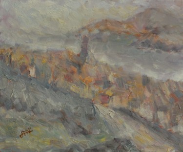 Painting titled "Les toits en hiver" by Philippe Jamin, Original Artwork, Oil