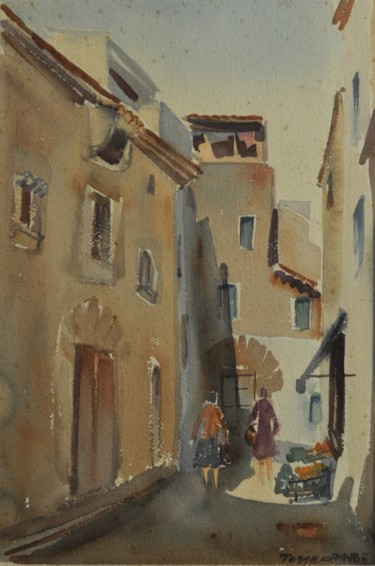Painting titled "Une rue de Tossa" by Philippe Jamin, Original Artwork, Watercolor
