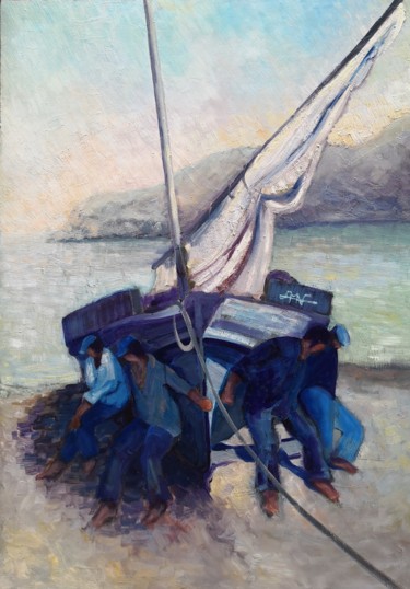 Painting titled "La mise à l'eau à l…" by Philippe Jamin, Original Artwork, Oil