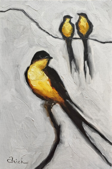 Peinture intitulée "Little swallows ori…" par Anich, Œuvre d'art originale, Huile Monté sur Autre panneau rigide