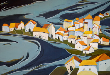 Картина под названием "The Drifting Island…" - Aniko Hencz, Подлинное произведение искусства, Масло Установлен на Деревянная…