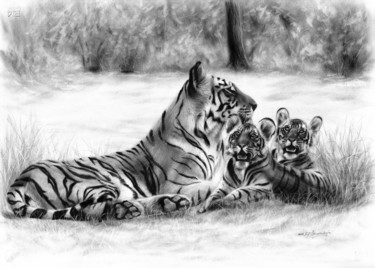 Schilderij getiteld "Bengal Tigers" door Danguole Serstinskaja, Origineel Kunstwerk, Olie