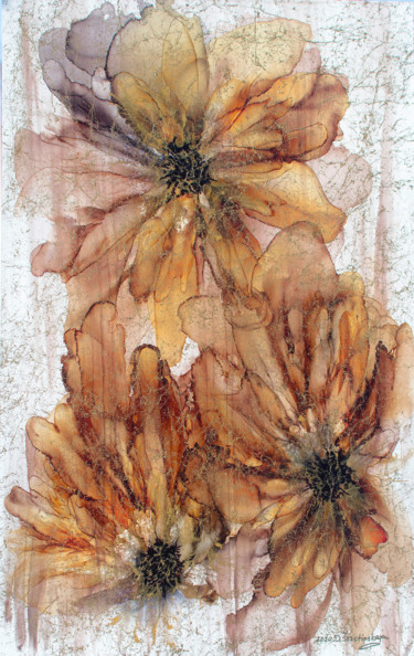 Peinture intitulée "Golden Cobweb" par Danguole Serstinskaja, Œuvre d'art originale, Encre