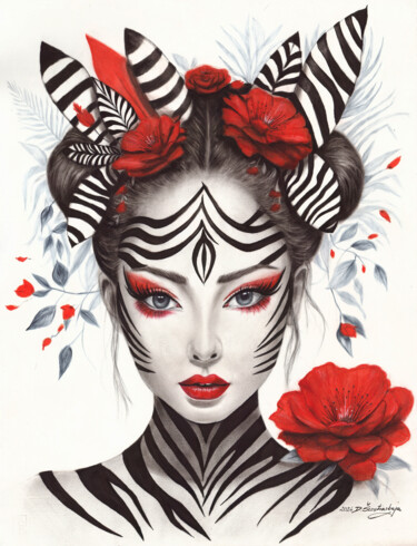 Malarstwo zatytułowany „Zebra Woman” autorstwa Danguole Serstinskaja, Oryginalna praca, Olej