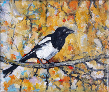 Schilderij getiteld "Magpie" door Animesh Roy, Origineel Kunstwerk, Olie