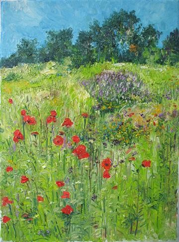 Peinture intitulée "Blue Sky - Poppy Fi…" par Animesh Roy, Œuvre d'art originale, Huile