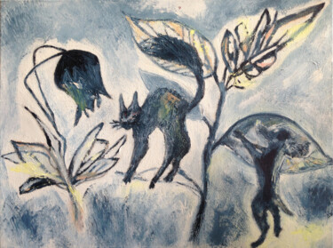 Картина под названием "Кошка Индиго и Соба…" - Янина Чуприна, Подлинное произведение искусства, Масло