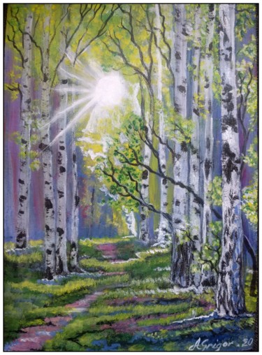 Painting titled "Birch trees" by Anisia Grigor, Original Artwork, Acrylic