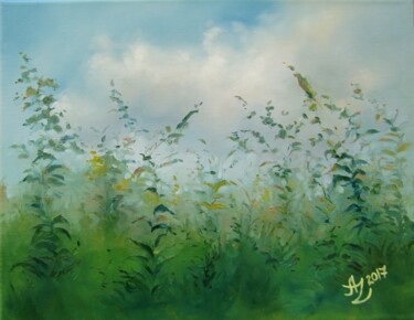 Painting titled "Grass and Clouds" by Anita Zotkina, Original Artwork, Oil