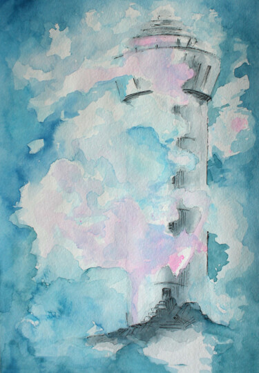 Schilderij getiteld "Lighthouse and storm" door Anna Zorina, Origineel Kunstwerk, Aquarel