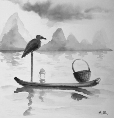 Dibujo titulada "Fishermen on th lake" por Anna Zorina, Obra de arte original, Tinta