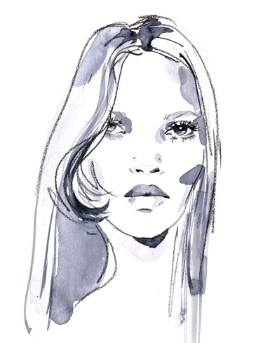 Drawing titled "Kate Moss dark blue…" by Anja Rudko, Original Artwork, Watercolor