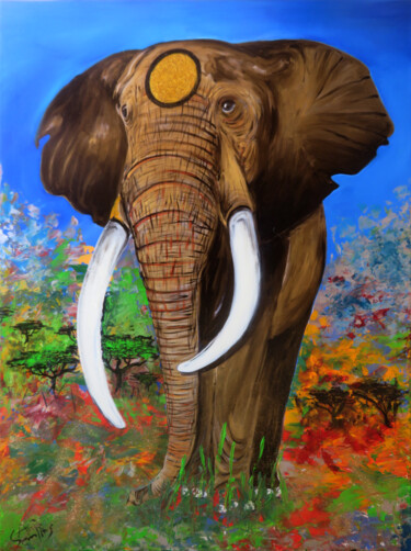 Картина под названием "Mythos Elefant I El…" - Anja Semling, Подлинное произведение искусства, Акрил Установлен на Деревянна…