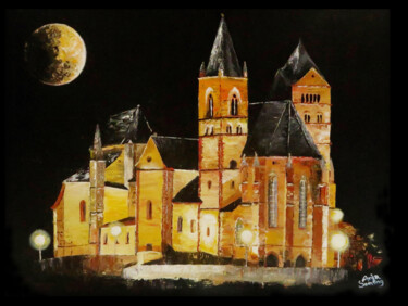 Schilderij getiteld "Münster bei Nacht" door Anja Semling, Origineel Kunstwerk, Acryl Gemonteerd op Frame voor houten branca…