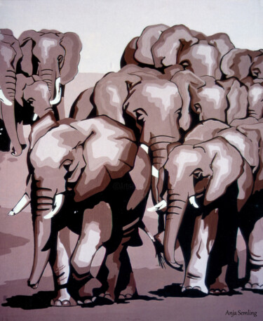 Painting titled "Marsch der Elefanten" by Anja Semling, Original Artwork, Acrylic Mounted on Cardboard