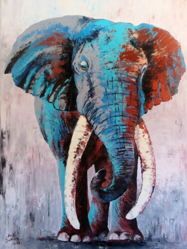 Картина под названием "BIG Tusker - LU1 in…" - Anja Semling, Подлинное произведение искусства, Акрил Установлен на Деревянна…