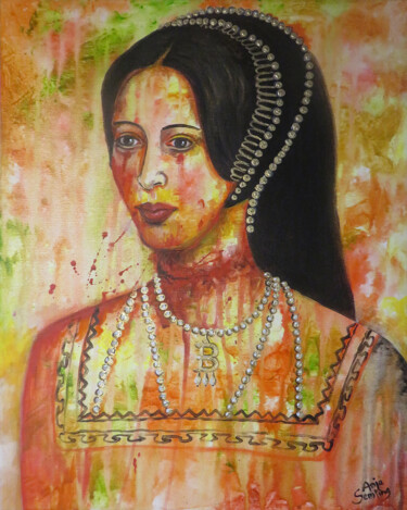 Painting titled "Anne Boleyn" by Anja Semling, Original Artwork, Acrylic Mounted on Wood Stretcher frame