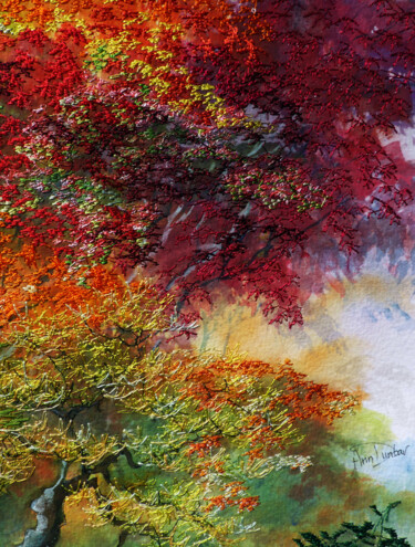 Painting titled "Fiery Foliage" by Ann Dunbar, Original Artwork, Embroidery Mounted on Cardboard
