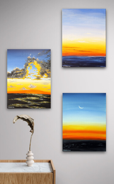 Schilderij getiteld "Sunset Triptych" door Anna Aliakberova, Origineel Kunstwerk, Acryl Gemonteerd op Frame voor houten bran…
