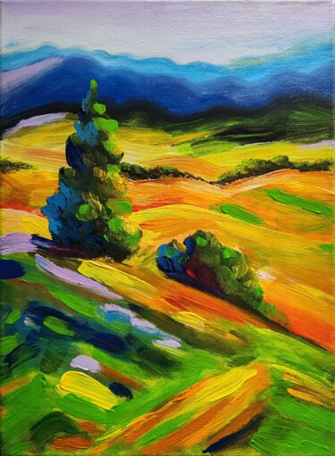 Painting titled "paysage provençal n…" by Anna An, Original Artwork, Acrylic Mounted on Wood Stretcher frame