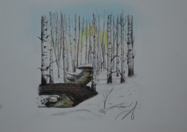 Schilderij getiteld "Birches in the snow" door Anna Artworks, Origineel Kunstwerk, Conté