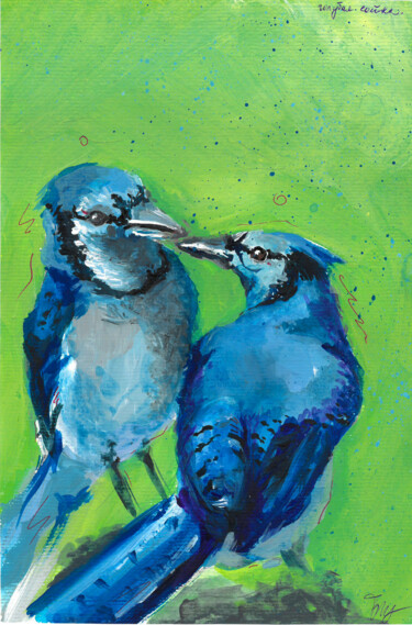 Schilderij getiteld "BLUE JAY PAIR - blu…" door Anna Beglyakova, Origineel Kunstwerk, Acryl