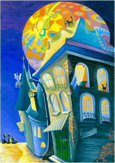 "Луна над городом" başlıklı Tablo Anna Berezina tarafından, Orijinal sanat, Guaş boya