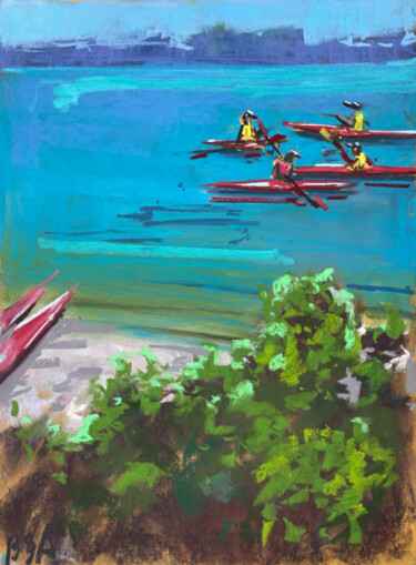 Drawing titled "red kayaks" by Anna Bogushevskaya, Original Artwork, Pastel