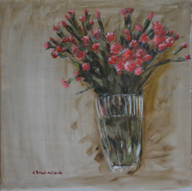 Painting titled "Pink carnation flow…" by Anna Brazhnikova, Original Artwork, Oil Mounted on Wood Stretcher frame
