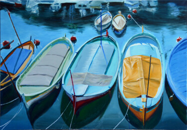 제목이 "Boats in Nice"인 미술작품 Anna Brazhnikova로, 원작, 기름 나무 들것 프레임에 장착됨