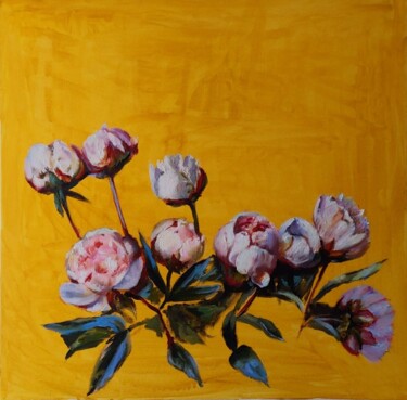 Schilderij getiteld "Peonies on the gold…" door Anna Brazhnikova, Origineel Kunstwerk, Olie Gemonteerd op Frame voor houten…