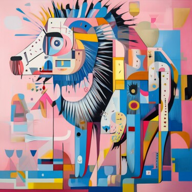 Digital Arts titled "Cubist Lion in Moti…" by Anna Burger, Original Artwork, Digital Collage