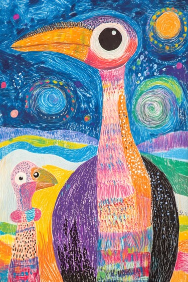 Digitale Kunst mit dem Titel "Stargazing Ostrich…" von Anna Burger, Original-Kunstwerk, Digitale Collage