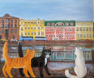 Malerei mit dem Titel "St. Petersburg cats" von Anna Fainitskii, Original-Kunstwerk, Öl