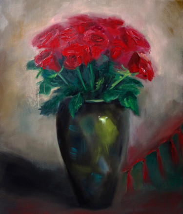 Painting titled "Roses painting" by Lubchik, Original Artwork, Oil Mounted on Wood Stretcher frame