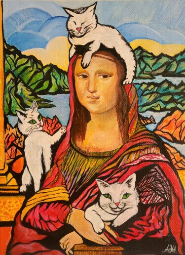 Pittura intitolato "Джоконда и котките" da Anna Mytavska (Cabrerra), Opera d'arte originale, Acrilico