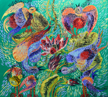 Картина под названием "Birds in the garden" - Anna Onikiienko, Подлинное произведение искусства, Масло